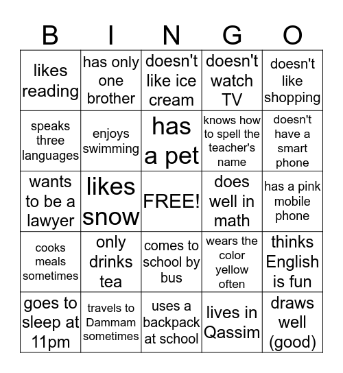 Present Tense Bingo Card