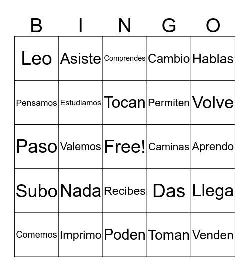 Spanish Conjugations Bingo Card
