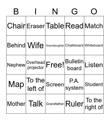 ESL Vocabulary Review Bingo Card