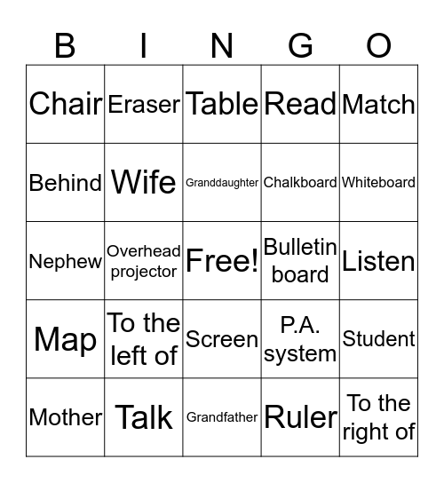 ESL Vocabulary Review Bingo Card