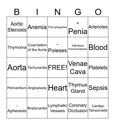 Cardiovascular System Bingo Card