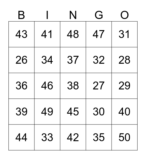 NUMBER BINGO  Bingo Card