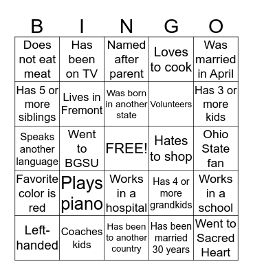 Getting To Know You! Bingo Card