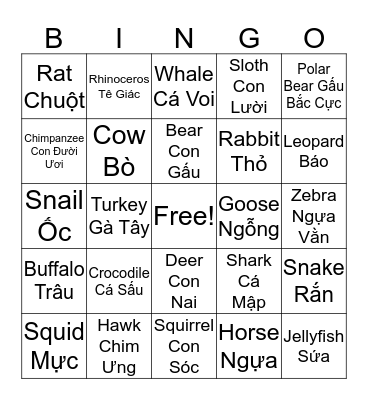 ANIMALS Bingo Card