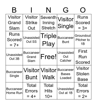 Buccaneer Baseball Bingo Card