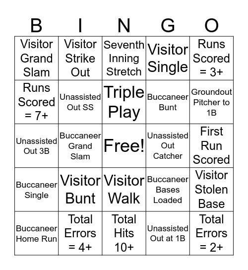 Buccaneer Baseball Bingo Card