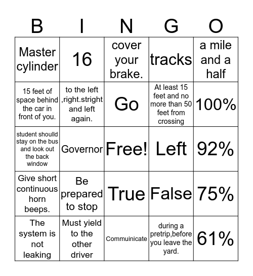 Check your brakes/intersections/SafeBacking/Rail road crosssing Bingo Card