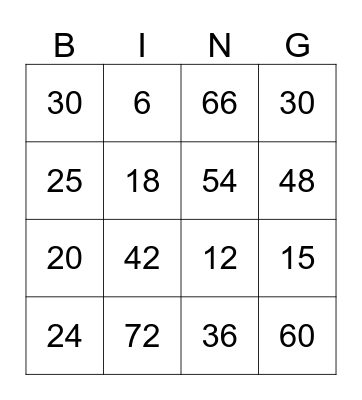 Multiplication Table of 6 Bingo Card