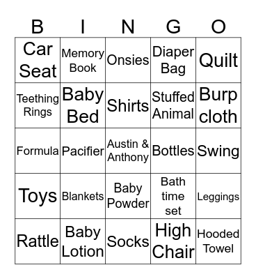 Austin's Baby Shower Bingo Card