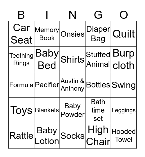 Austin's Baby Shower Bingo Card