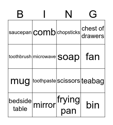 KITCHEN, BEDROOM, BATHROOM Bingo Card
