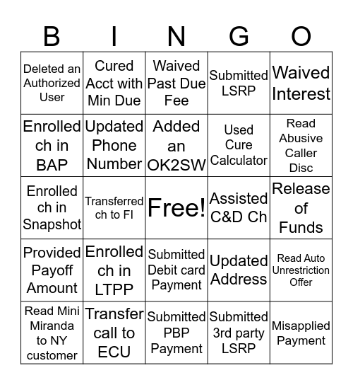 Cure Bingo Card