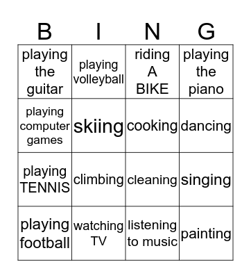 Free Time Activities  Bingo Card