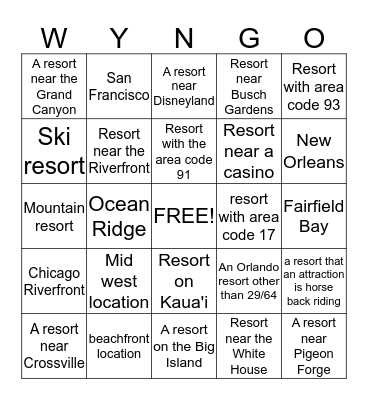 Vacation Planning Bingo Card