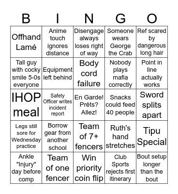 GMU Fencing Competition Bingo Card