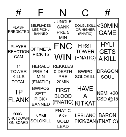 Fnatic Bingo Card