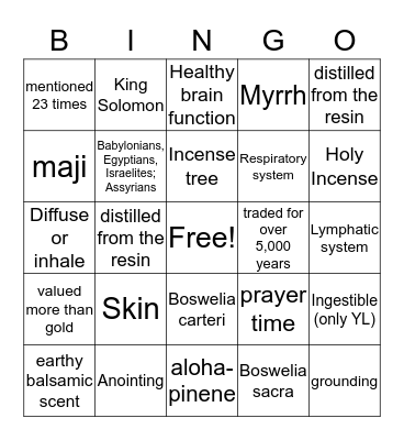 Ancient Oils of the Bible Bingo Card