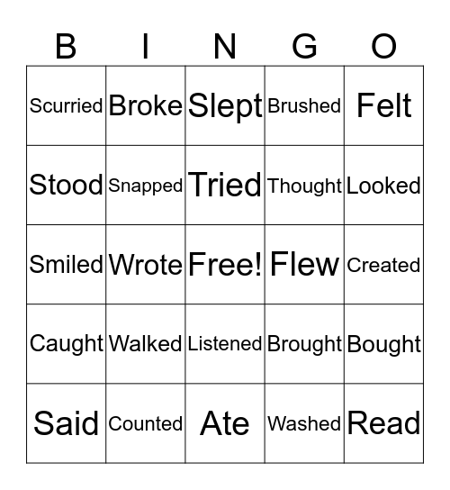 Action Verbs In Past Tense Bingo Card