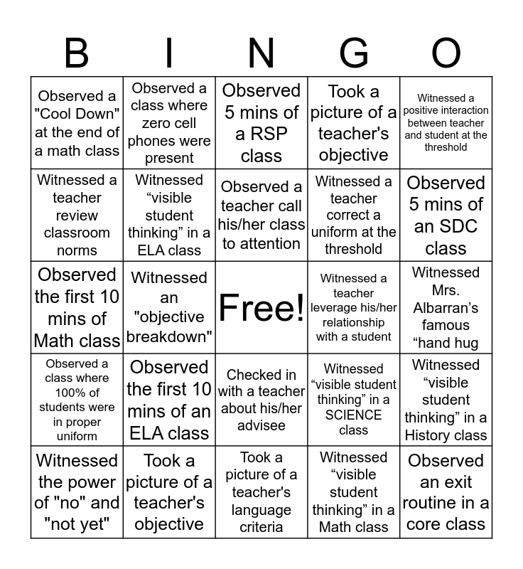 ACPA TEACHER OBSERVATION BINGO Bingo Card