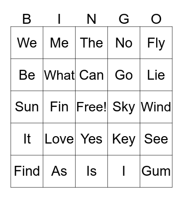 Sight Words Bingo Card
