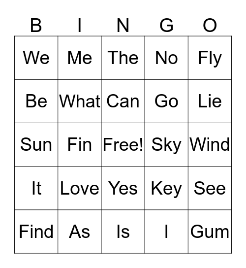 Sight Words Bingo Card