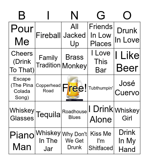 Karaoke Bingo - Drinking Songs Bingo Card