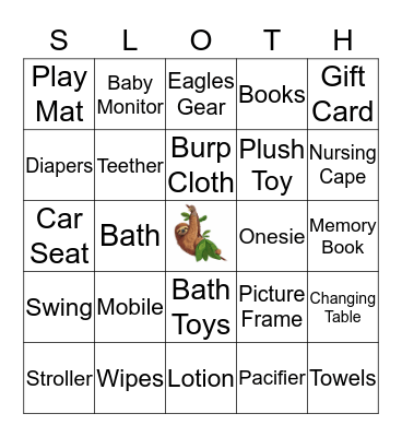 Sloth-themed Baby Shower Bingo Card