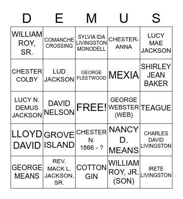 2014 DEMUS FAMILY REUNION Bingo Card