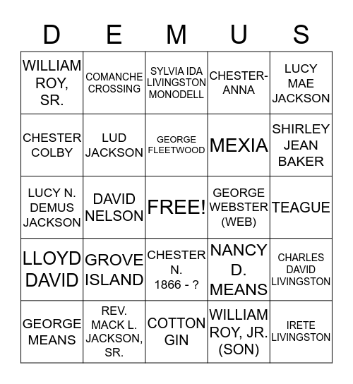 2014 DEMUS FAMILY REUNION Bingo Card