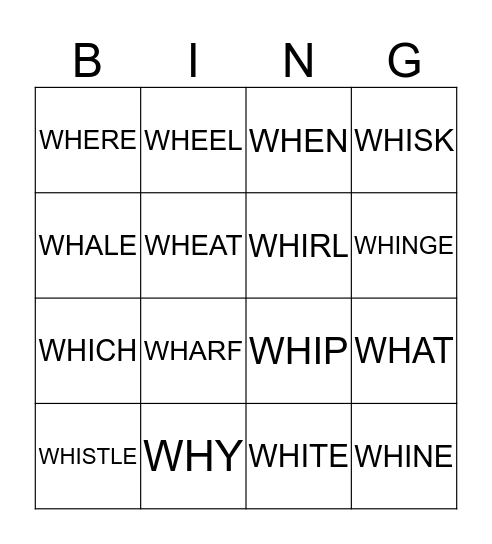WH WORDS Bingo Card