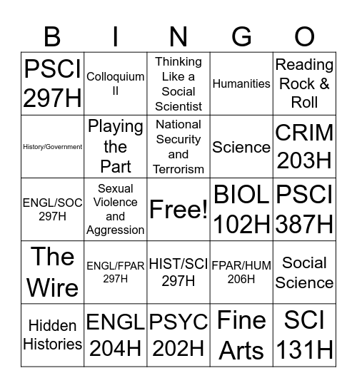 Honors Classes Bingo Card