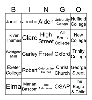 Honors Council & Oxford Bingo Card