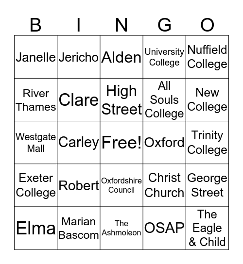 Honors Council & Oxford Bingo Card