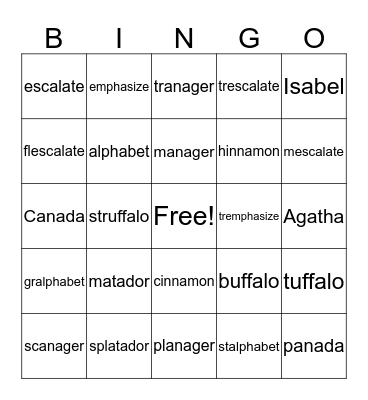 schwa a Bingo Card