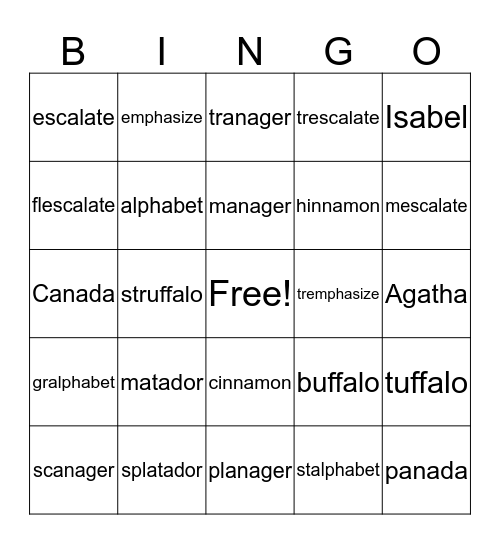 schwa a Bingo Card