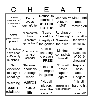 Manfred Press Conference Bingo Card