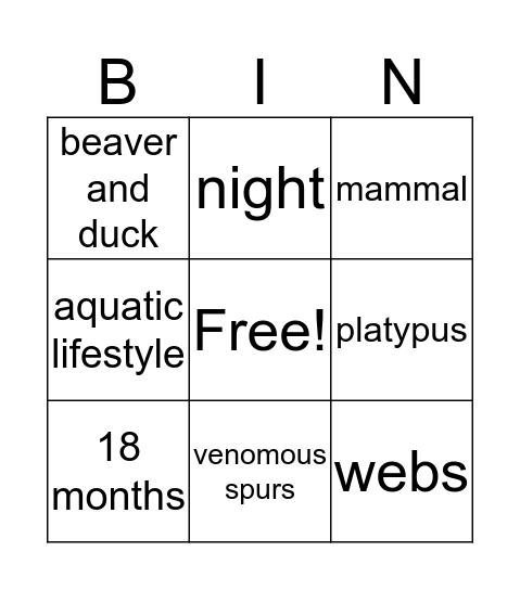 Platypus Bingo Card