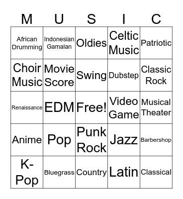 Music Genre Bingo Card