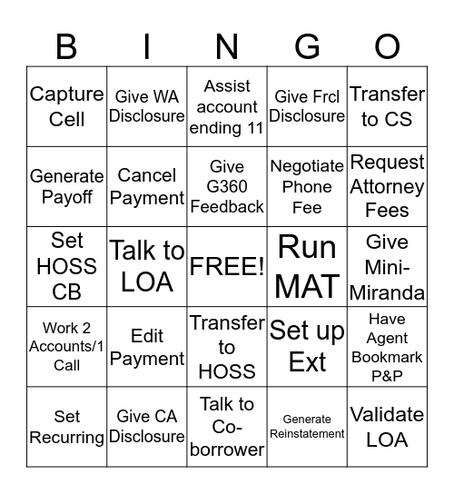 Payments Bingo Card