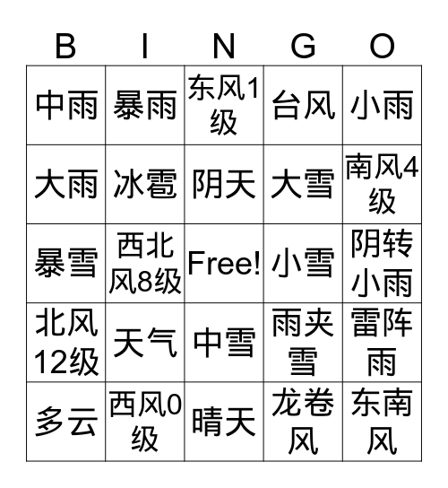 天气 - 4 Bingo Card