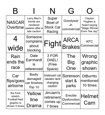Daytona 500 Bingo Card