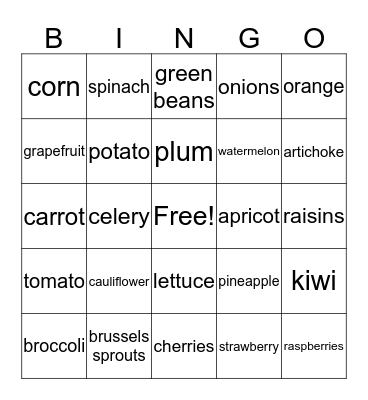 Fruits & Vegetables Bingo Card