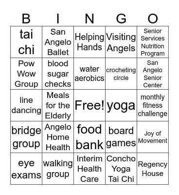 Aging Adult Resources Bingo Card