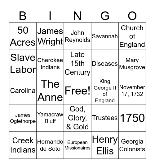 Georgia History Bingo Card