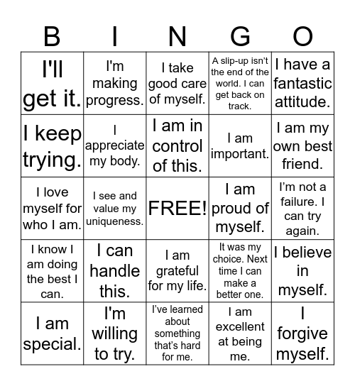 HMFF Positive Self-Talk Bingo Card