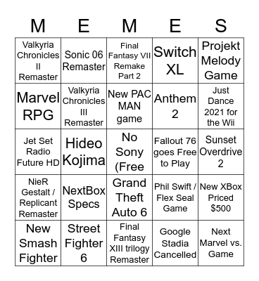 Memeteam E3 Bingo Card