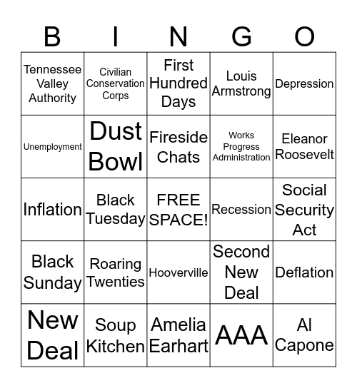 THE GREAT DEPRESSION Bingo Card