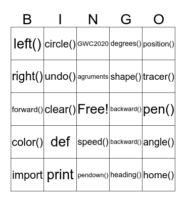 Functions Bingo Card