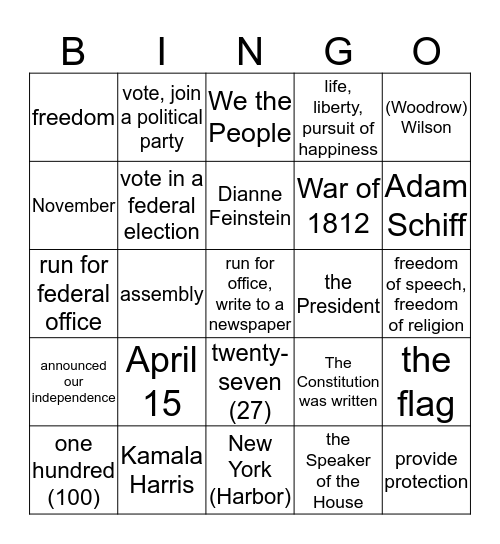 American Civics Bingo Card