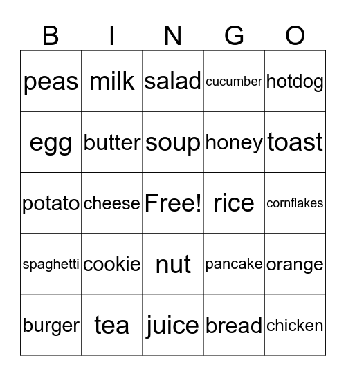 food and drink Bingo Card
